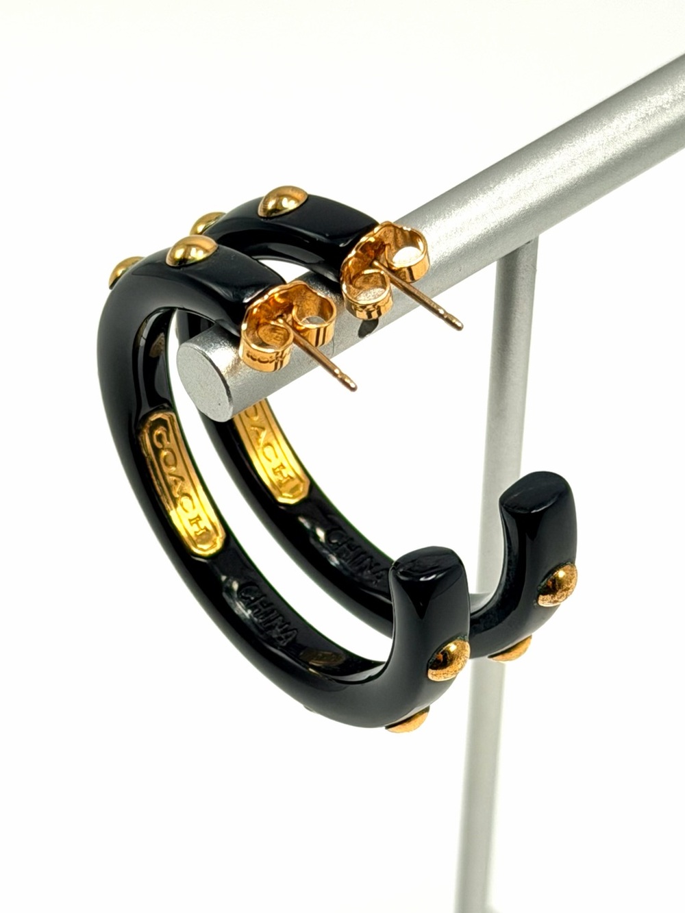 Coach Black Lucite Gold Tone Studded Hoop Earrings 1.5” Logo - Picture 6 of 14